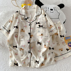 批发抖音小红书爆款睡衣女夏季云朵棉睡衣短袖<b class='q'>短裤</b>翻领<b class='q'>印花</b>套装家居服