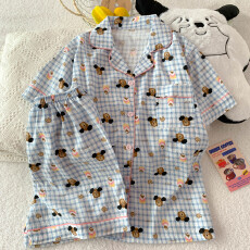 批发抖音小红书爆款睡衣女夏季云朵棉睡衣短袖<b class='q'>短裤</b>翻领<b class='q'>印花</b>套装家居服