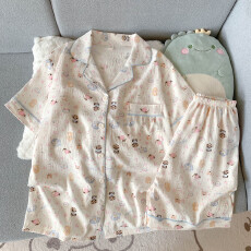 批发抖音小红书爆款睡衣女夏季云朵棉睡衣短袖<b class='q'>短裤</b>翻领<b class='q'>印花</b>套装家居服