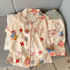 批发抖音小红书爆款睡衣女夏季云朵棉睡衣短袖<b class='q'>短裤</b>翻领<b class='q'>印花</b>套装家居服