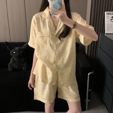 批发抖音小红书爆款睡衣女夏季云朵棉睡衣短袖<b class='q'>短裤</b>翻领<b class='q'>印花</b>套装家居服