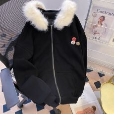 批发实拍 特价不减 华棉纯棉复合银狐绒420克 毛绒猫耳开衫<b class='q'>卫衣</b>加绒