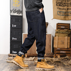 批发YKK新款不掉色丹宁蓝大版牛仔直筒哈伦裤美式宽松牛仔裤男防褪色