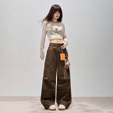 批发潮酷纯棉工装裤休闲阔腿牛仔裤<b class='q'>女</b>棕色廓形宽松贴袋松弛感个性时尚