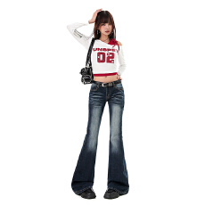 批发美式复古辣妹低腰喇叭<b class='q'>裤</b><b class='q'>修身</b>显瘦垂感牛仔<b class='q'>裤</b>女&长<b class='q'>裤</b>&加长