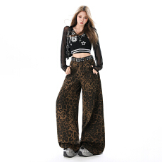 批发美式复古宽松豹纹阔腿裤高腰小众早<b class='q'>春</b>新款牛仔裤女&长裤加长