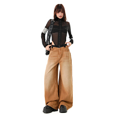 批发美式复古做旧牛仔裤女废土风宽松显瘦阔腿直筒拖地裤