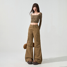 批发潮酷纯棉工装休闲微喇牛仔裤<b class='q'>女</b>宽松贴袋时尚解构拼接不贴腿喇叭<b class='q'>裤</b>