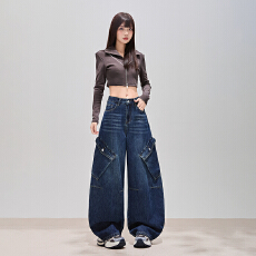 潮酷纯棉工装弯刀裤军卡其舒适休闲宽松垂感百搭牛仔裤女镰刀裤