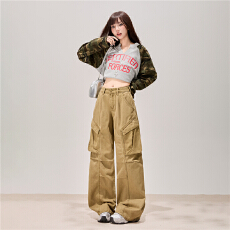 批发潮酷纯棉<b class='q'>工装裤</b>休闲阔腿牛仔裤<b class='q'>女</b>宽松贴袋松弛感褶皱个性男<b class='q'>女</b>同款