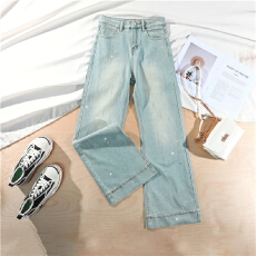 批发流星<b class='q'>雨</b>烫钻爆闪新款不贴腿微喇牛仔裤女柔软舒适宽松喇叭裤显瘦