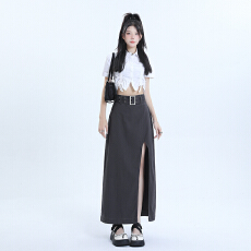 批发日系复古高腰显瘦半身牛仔裙女开叉长裙百搭潮流ins遮胯腰带裙子