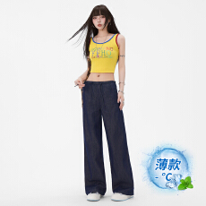 批发深蓝色<b class='q'>松紧腰</b>阔腿<b class='q'>牛仔裤</b>女2025夏季薄款高腰垂感原色直筒长裤加长