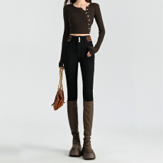 批发黑色高腰牛仔铅笔<b class='q'>裤</b>女秋冬豹纹拼接三排扣弹力修身显瘦<b class='q'>提</b><b class='q'>臀</b>小脚<b class='q'>裤</b>