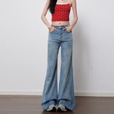 批发复古蓝水洗中低腰微喇<b class='q'>牛仔裤</b>女2026春季新款<b class='q'>弹力</b>不贴腿百搭喇叭裤