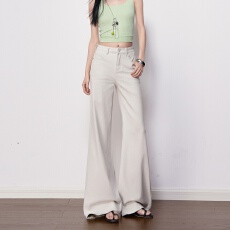 批发米灰色慵懒风高腰弹力微喇<b class='q'>牛仔裤</b>女2026春新款显瘦气质百搭喇叭裤