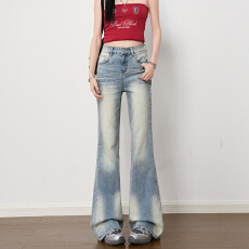 批发美式复古做旧磨白水洗微喇女士<b class='q'>牛仔裤</b>2026春季新款高腰显瘦喇叭裤