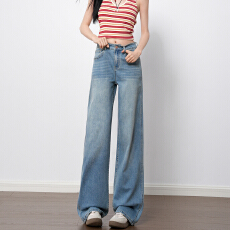 批发蓝色高腰<b class='q'>弹力</b>直筒<b class='q'>牛仔裤</b>女2026春季新款不贴腿显瘦百搭质感阔腿裤