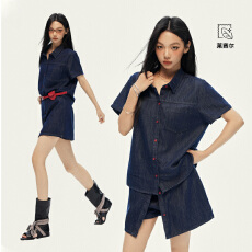 批发高品质莱赛尔复古港风牛仔短袖衬衣女2026<b class='q'>夏</b>新款柔软透气宽松通勤