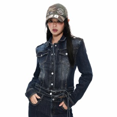 批发蓝灰色复古做旧正肩牛仔外套女2026年早秋新款双腰带暗扣质感夹克