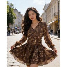 批发2026早秋季新款法式复古碎花设计V领长袖<b class='q'>连衣裙</b>显瘦气质印花短裙