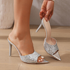 批发2026欧美新款跨境时尚尖头亮片凉鞋细跟性感超高跟大码百搭女子鞋