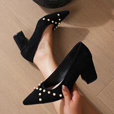 批发2026欧美外贸新款时尚粗跟鞋性感尖头珍珠鞋高跟跨境<b class='q'>百搭</b>女士单鞋