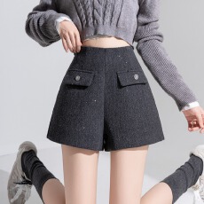 2025冬季毛呢闪闪亮片高腰A字短裤大码胖MM外穿毛呢辣妹阔腿裤