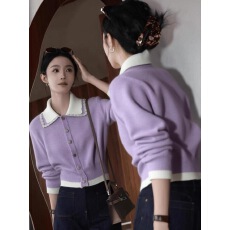 批发超好看紫色翻领长袖针织<b class='q'>开衫</b>女2025秋冬新款小个子短款绝美上衣服