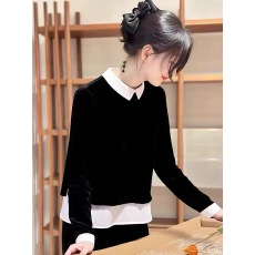 批发时尚高级感黑色假两件长袖衬衫女2025秋季新款气质百搭宽松上衣潮