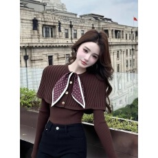 巨好看咖啡色蝴蝶结斗篷针织衫女秋冬2025新款氛围感淡人高知穿搭