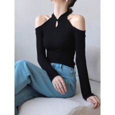 批发新中式盘扣黑色针织<b class='q'>T</b><b class='q'>恤</b>女秋冬新款韩系设计感小众别致打底衫上衣