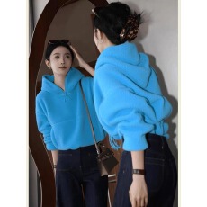 批发2025秋季高端欧货洋气上衣高级感超好看独特漂亮蓝色羊羔毛<b class='q'>卫衣</b><b class='q'>女</b>