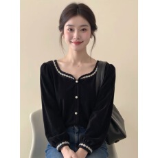 批发法式高级感黑色U领撞色灯笼袖丝绒上衣女25冬设计感小众绝美<b class='q'>小衫</b>