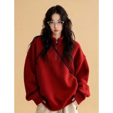 批发2025巨好看的独特漂亮减龄加绒加厚本命年红色立领羊羔毛卫衣<b class='q'>外套</b>