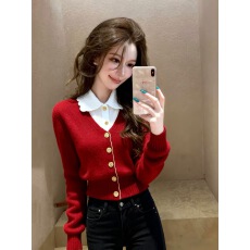 批发红色<b class='q'>假两件</b>针织上衣女冬本命年新年高端时髦洋气巨好看掐腰毛衣厚