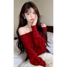 批发韩式氛围感气质一字肩长袖毛衣女秋冬小个子高级感露肩针织衫上衣