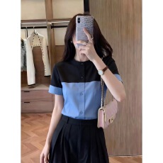 批发时尚通勤拼色立领短袖<b class='q'>衬衫</b>女2026夏季新款设计感<b class='q'>显瘦</b>遮肉洋气上衣