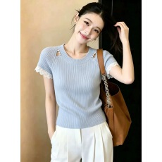 批发高级感蕾丝花边针织短袖上衣女<b class='q'>夏</b>日穿搭绝美修身显瘦打底蓝色T恤