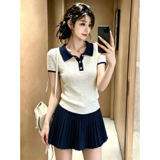 批发韩系撞色POLO领针织短袖T恤女<b class='q'>夏</b>季2026新简约通勤时尚麻花上衣