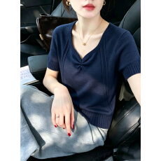 批发上衣修身毛针织衫休闲风短袖浅灰色休闲套头韩版针织V领大码<b class='q'>通勤</b>