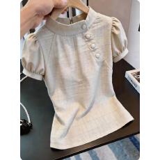 批发高级感轻奢泡泡袖立领<b class='q'>衬衫</b>女2026夏季设计感小众纽扣装饰气质上衣