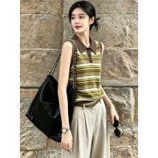 批发欧货时尚气质polo领针织小衫2026年夏季新款无袖背心马甲条纹上衣