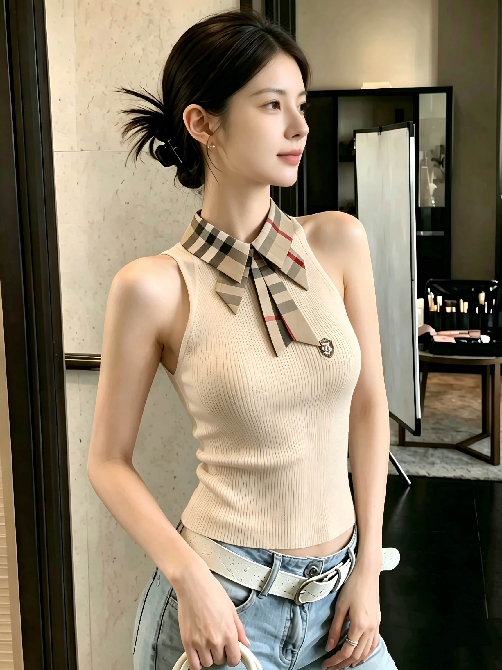 夏季露肩甜辣韩系设计感格子翻领挂脖针织背心修身无袖通勤上衣  服裝批發女裝批發服飾貨源