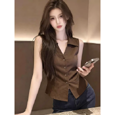 批发老钱风咖色麻<b class='q'>棉麻</b>polo领无袖衬衫女夏季2026新款设计感<b class='q'>背心</b>上衣