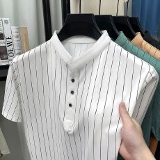 批发欧货活动价~夏季冰丝男士条纹立领T恤中青年透气修身短袖1/2件