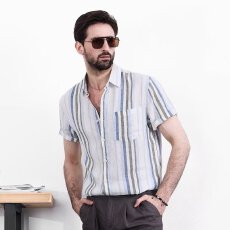 批发欧货亚麻复古衬衫男夏装港风宽松小众设计感趣味新款男装上衣外穿