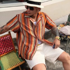 批发民族风镂空编织古巴领半截袖衬衫男女复古夏季撞色设计感短袖衬衣