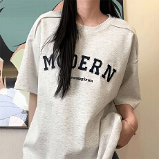 批发字母刺绣短袖t恤女夏季2025新款宽松衣服潮牌美式重磅棉衫五分袖