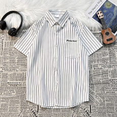 批发条纹口袋衬衫男士短袖夏季薄款2025新款高级感休闲冰丝刺绣修身衬